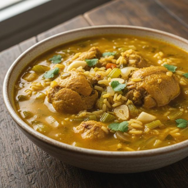 Aguado de gallina criolla con arroz y verduras