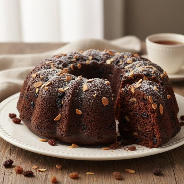 Receta de Bizcocho de chocolate con almendras y pasas