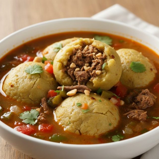 Caldo de bolas de verde con relleno de carne y maní