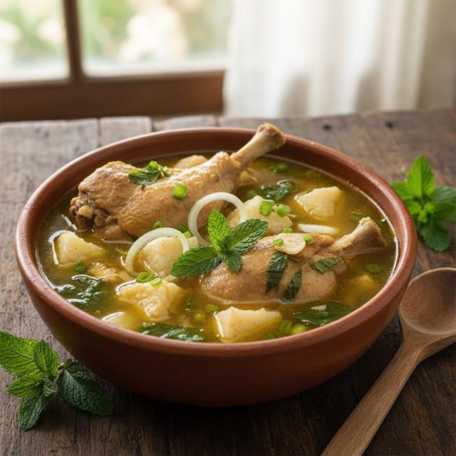 Caldo de gallina criolla con hierbabuena y yuca