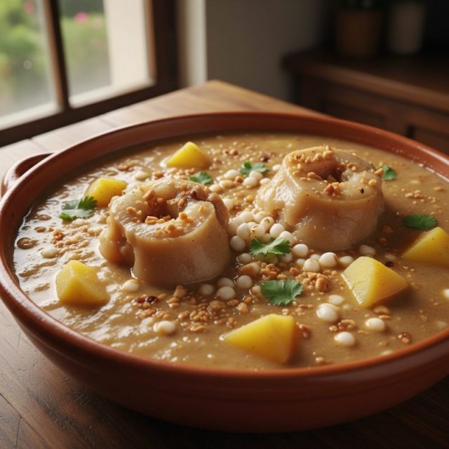 Caldo de patas con maní, mote y papa