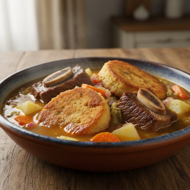 Caldo de torrejas de carne y pan