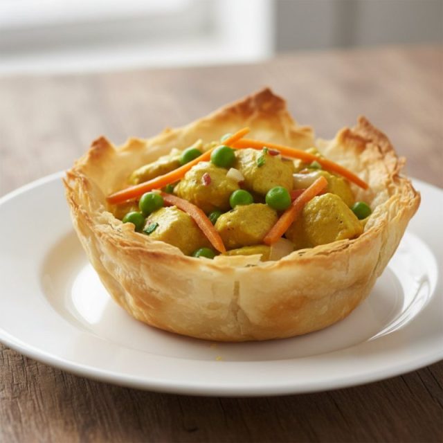 Canasta de pasta filo rellena de pollo en salsa de curry