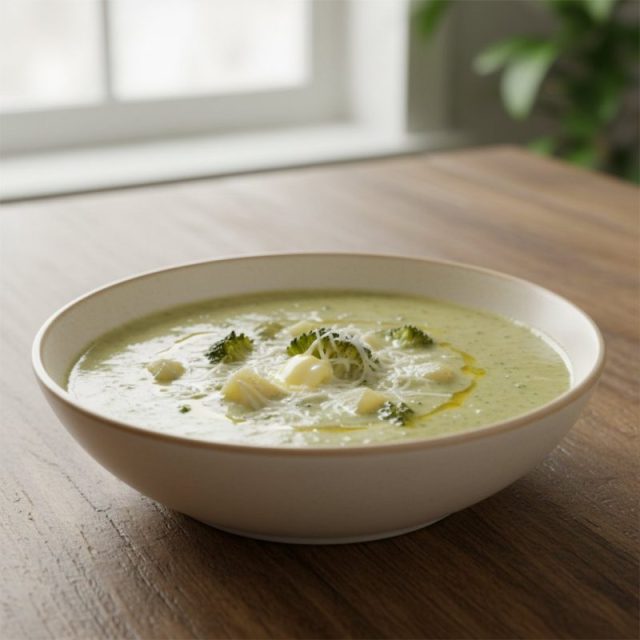 Crema de brócoli y papa con mantequilla y queso