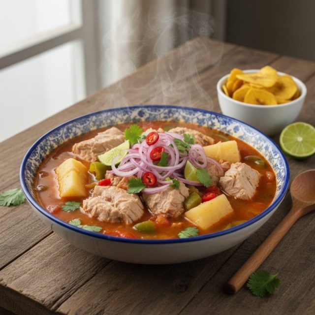 Encebollado costeño de albacora con yuca y curtido