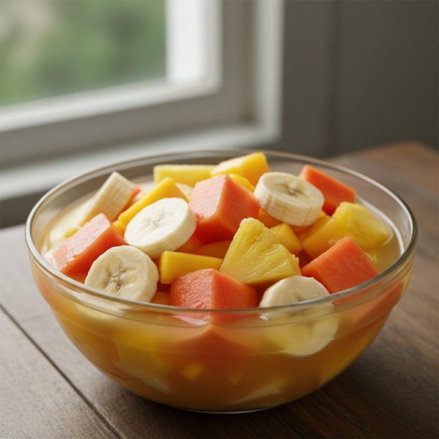 Ensalada de frutas come y bebe con jugo de naranja