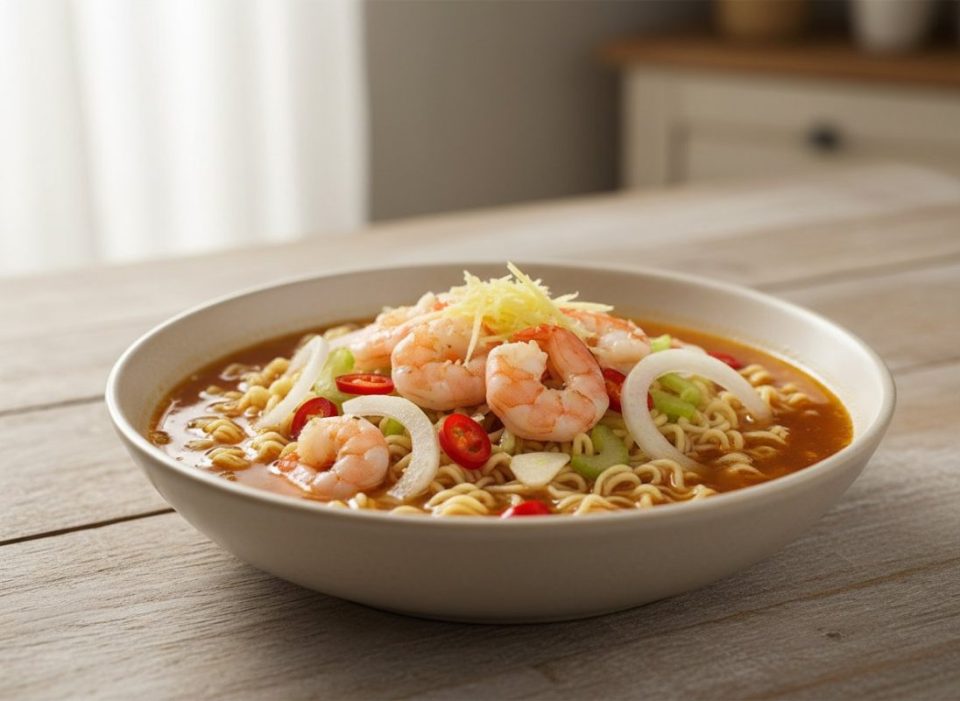 Receta de Ramen de camarón con jengibre y apio
