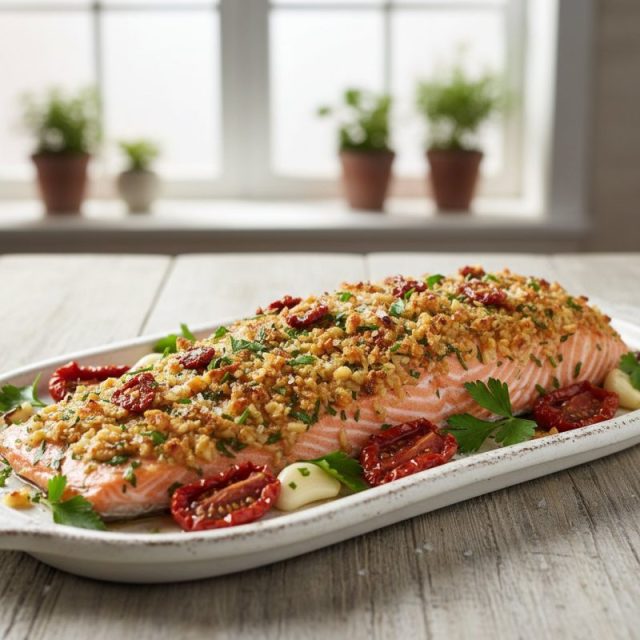Receta de Salmón al horno con ajo y tomates secos