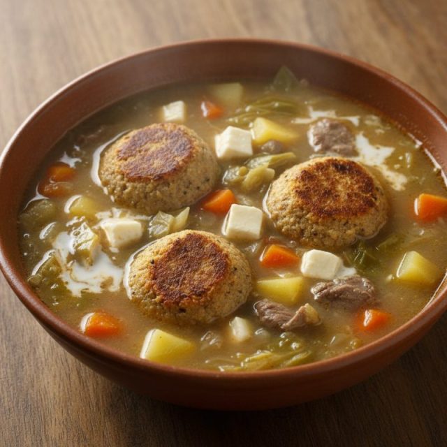 Sopa de bolas de maíz tostado con queso