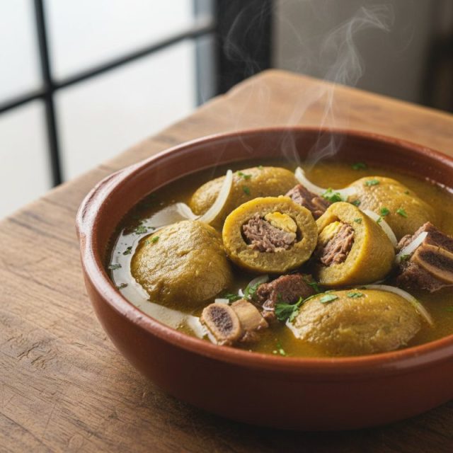 Sopa de bolones de verde rellenos