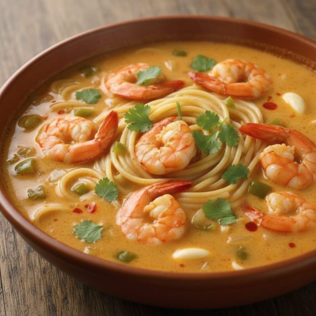Sopa ecuatoriana de camarón con fideos y leche
