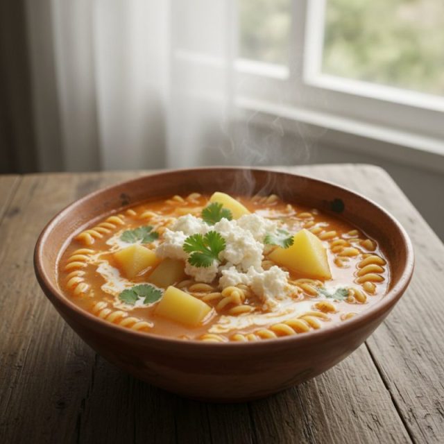 Sopa ecuatoriana de fideo con papa y queso