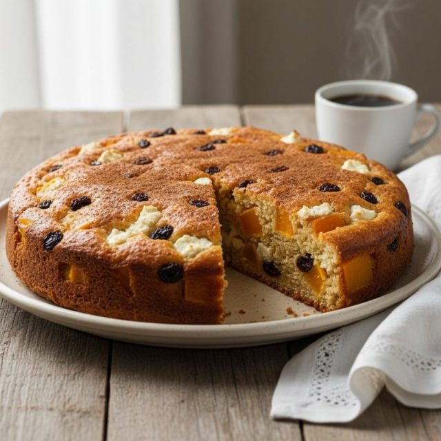 Torta húmeda de zapallo con queso y pasas