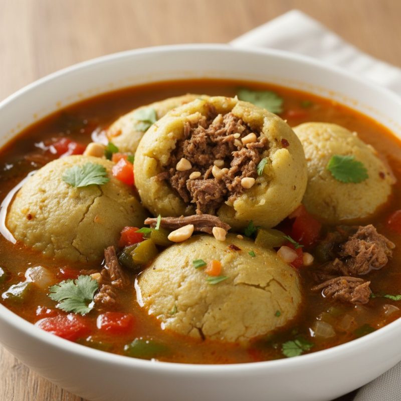 Caldo de bolas de verde con relleno de carne y maní