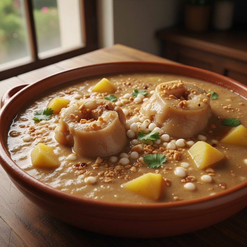 Caldo de patas con maní, mote y papa