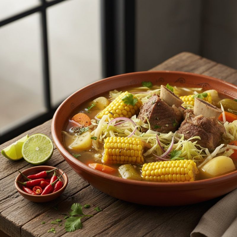 Caldo de res con verduras, choclo y hierbas