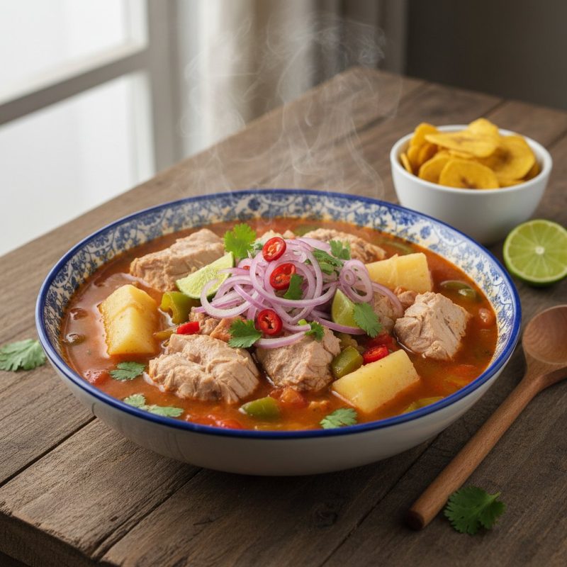 Encebollado costeño de albacora con yuca y curtido