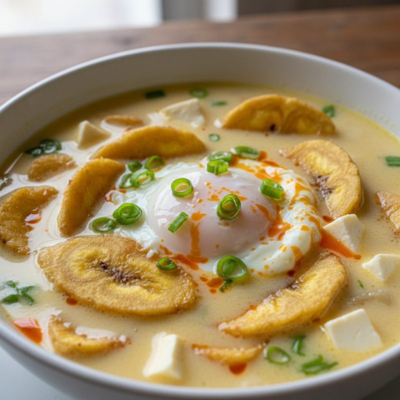 Sopa de chifles con leche, queso y huevo